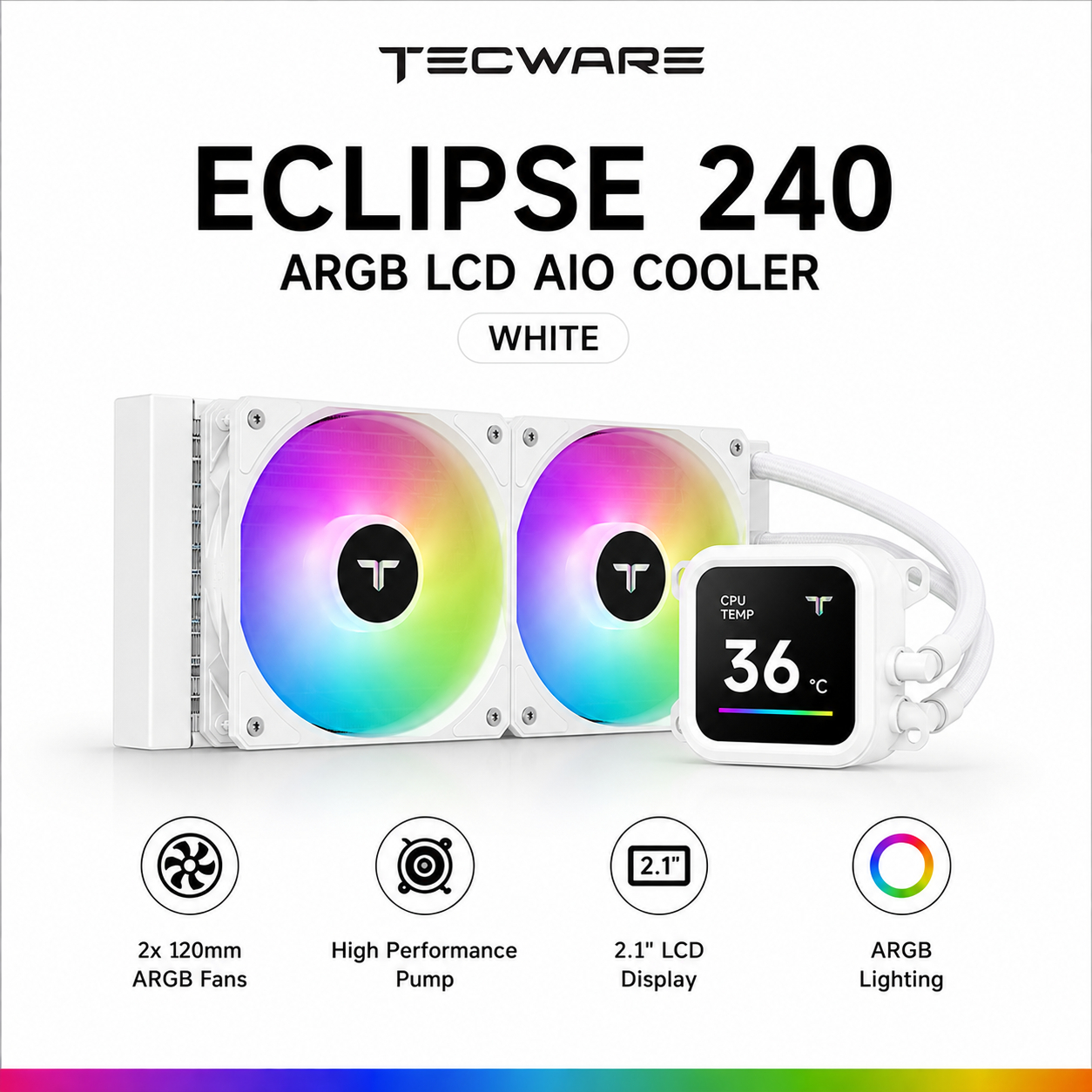 Tecware Eclipse 240 ARGB LCD AiO Cooler - White (TWCA-E240-ARGB-WHT)