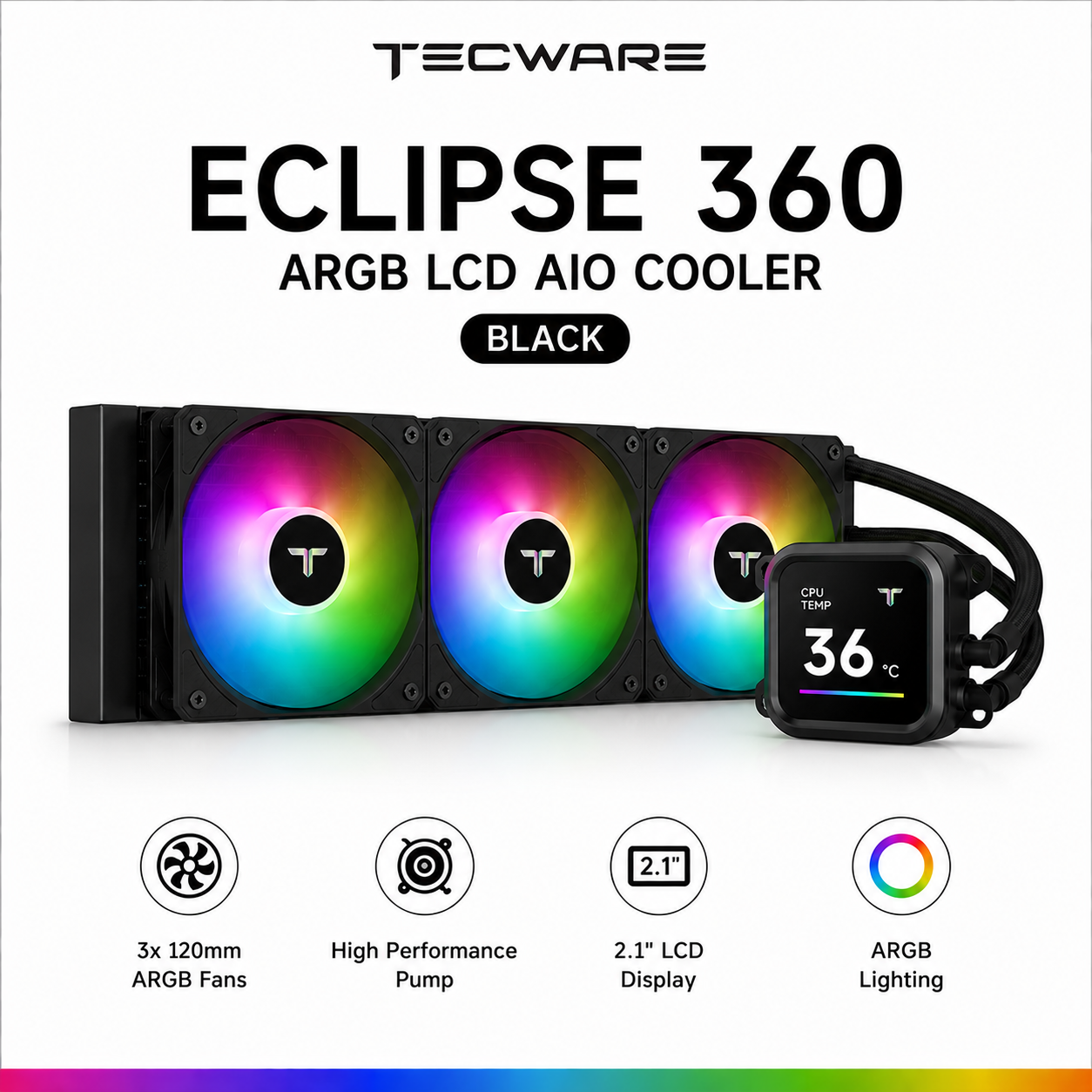 Tecware Eclipse 360 ARGB LCD AiO Cooler - Black (TWCA-E360-ARGB-BLK)