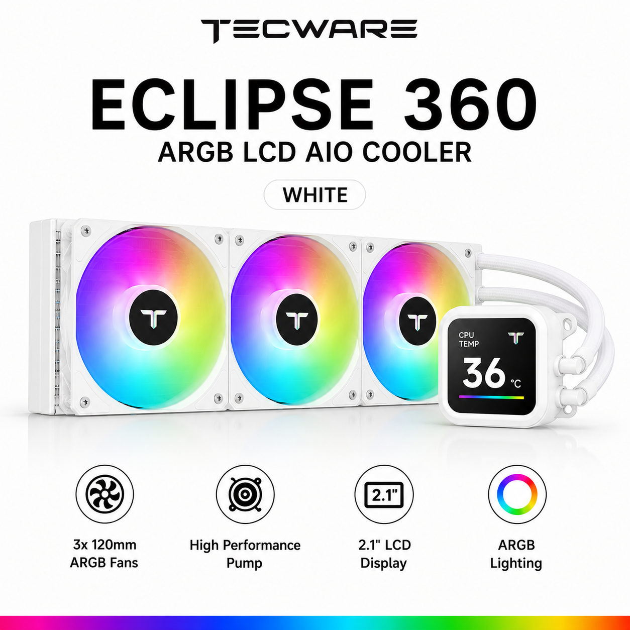 Tecware Eclipse 360 ARGB LCD AiO Cooler - White (TWCA-E360-ARGB-WHT)