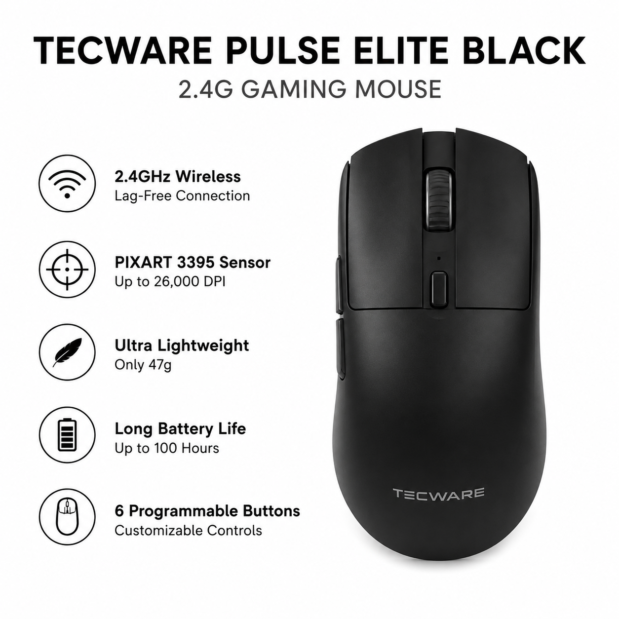 Tecware Pulse Elite Black - 2.4G Gaming Mouse (TEC-PULSE-ELITE-BL)