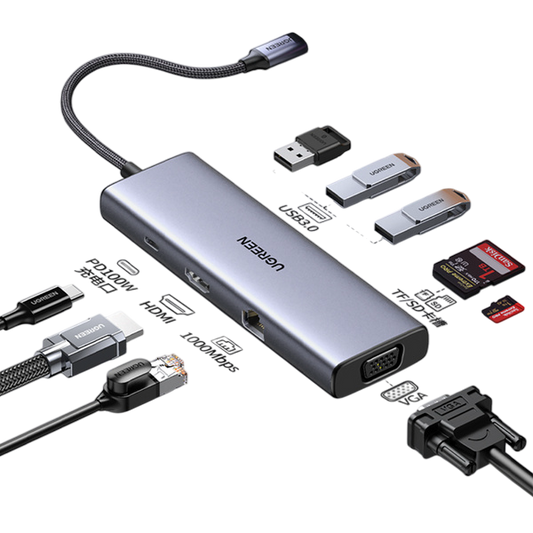 UGREEN CM498/15600 USBC MULTIADAPTER SGY USB-C To 3*USB 3.0 A+HDMI+VGA+RJ45 Gigabit+SD/TF+PD Converter