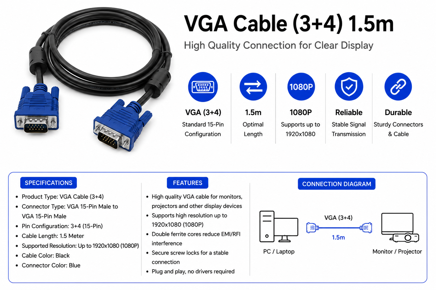 VGA Cable (3+4) 1.5m (CAB-VGA-3+4-1.5M)