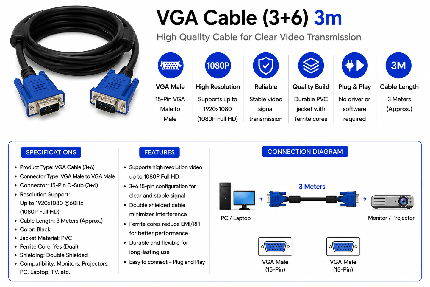 VGA Cable (3+6) 3m (VGA-3+6-3M)