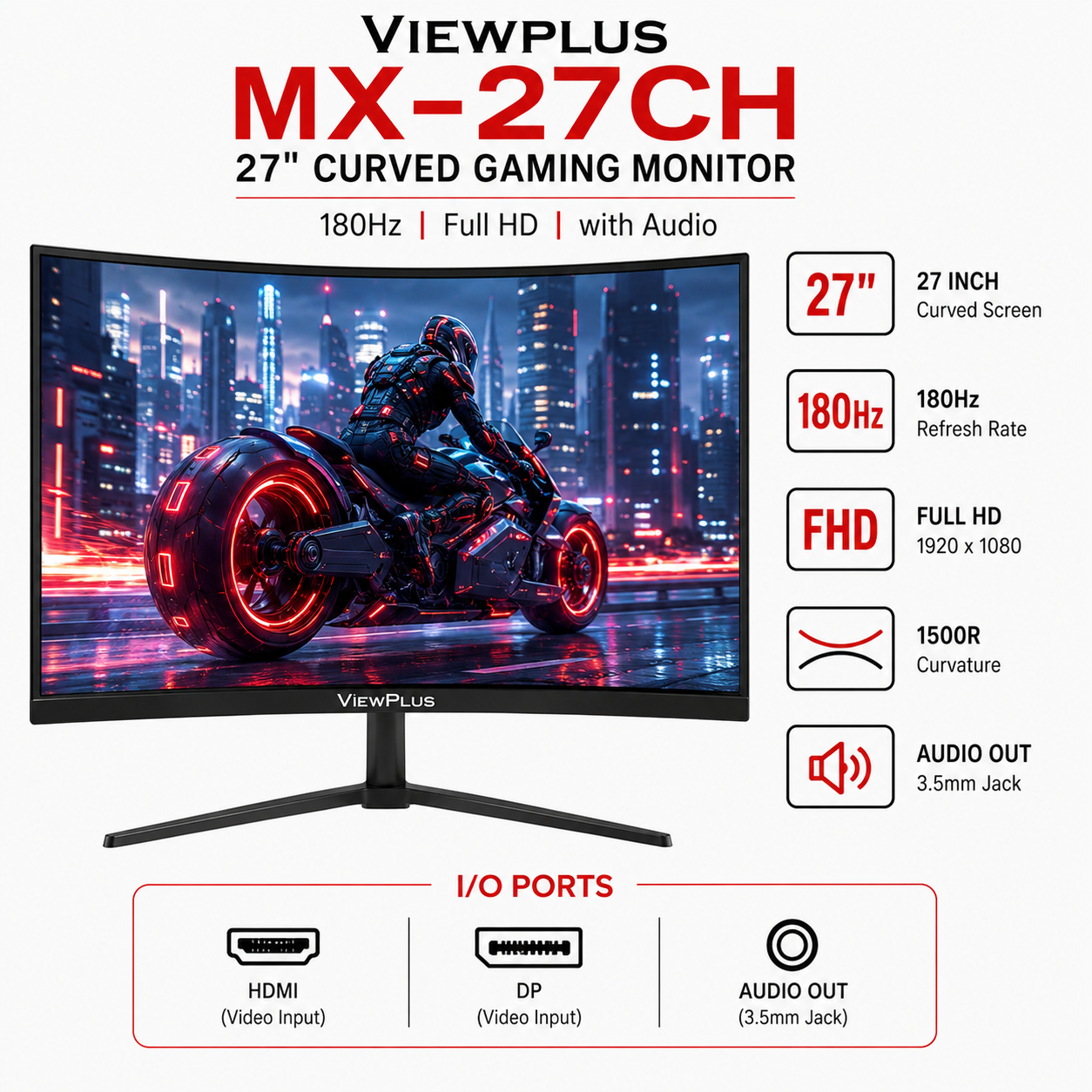 Viewplus MX-27CH 27" Curved Gaming Monitor 180Hz, Full HD w/ Audio (MX-27CH)