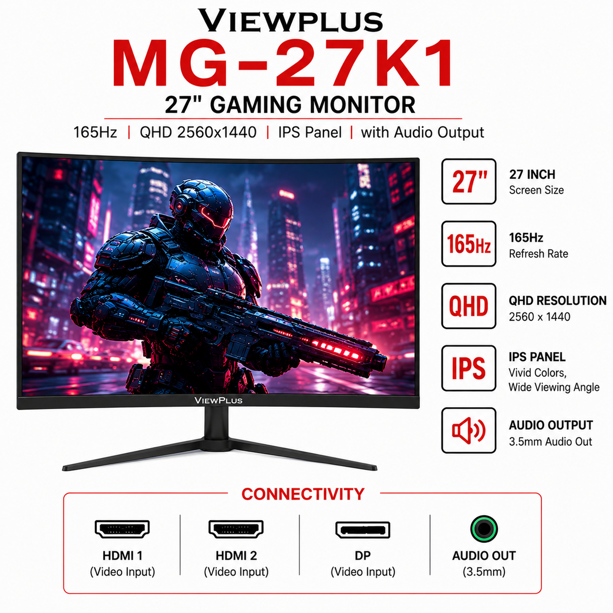 Viewplus MG-27K1 27" Gaming Monitor 165Hz, QHD 2560x1440, IPS w/ Audio Output (MG-27K1)