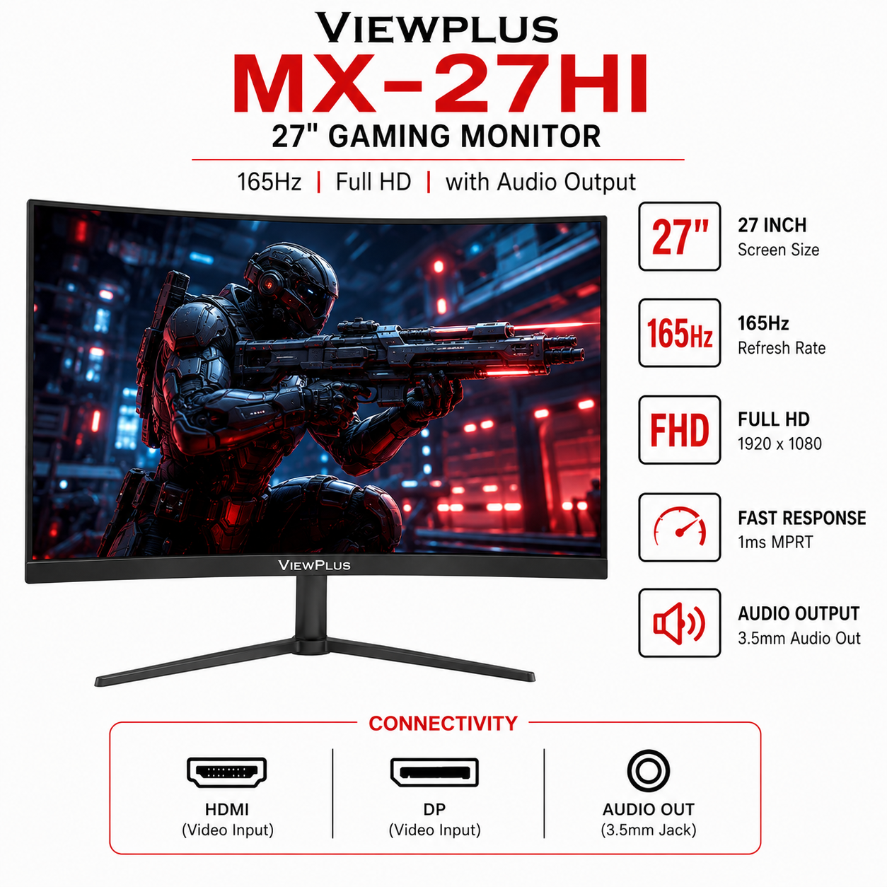 Viewplus MX-27HI 27" Gaming Monitor 165Hz, Full HD w/ Audio Output (MX-27HI)