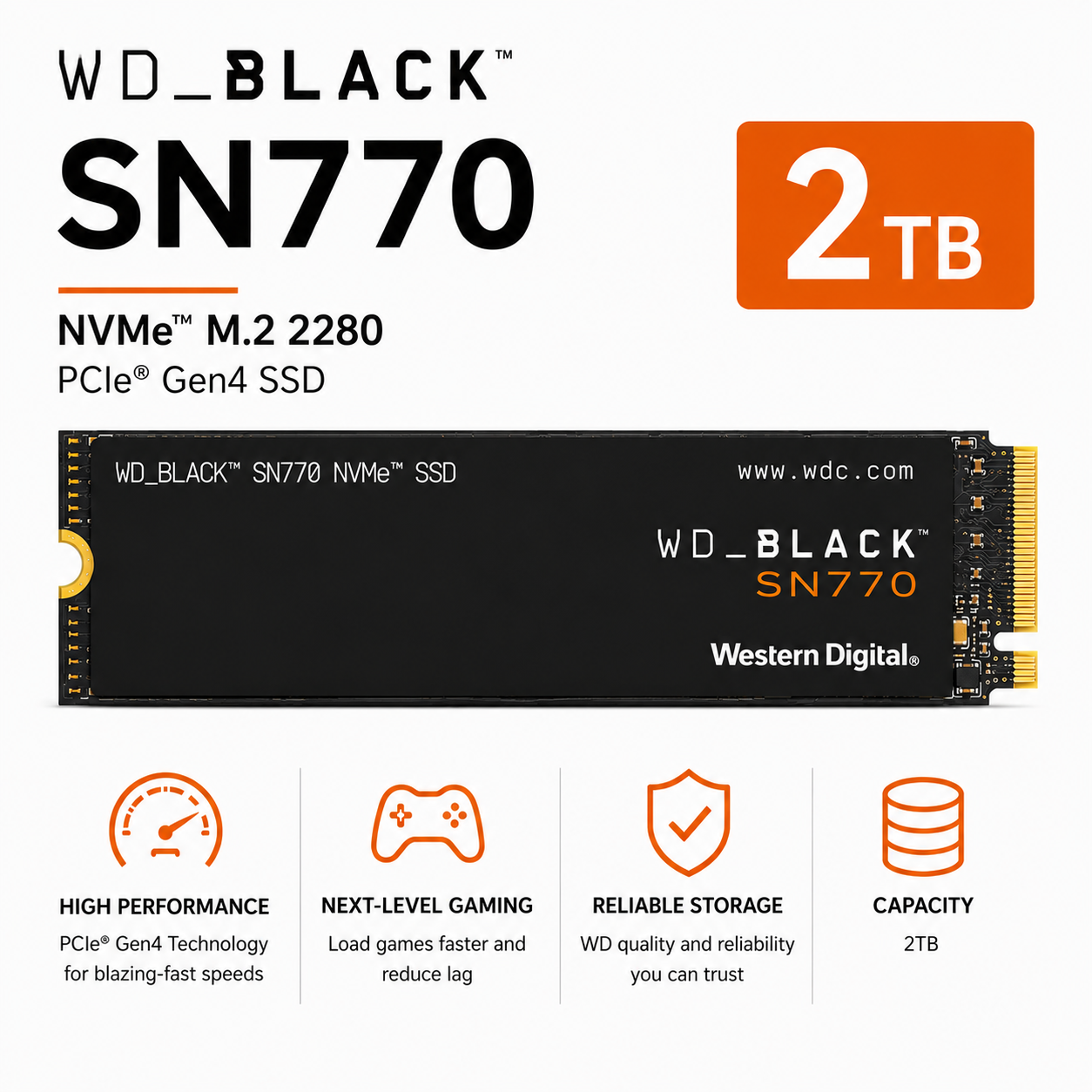 WD BLACK SN770 2TB NMVe M.2 2280 PCIe GEN4 SSD (WDS200T3X0E)