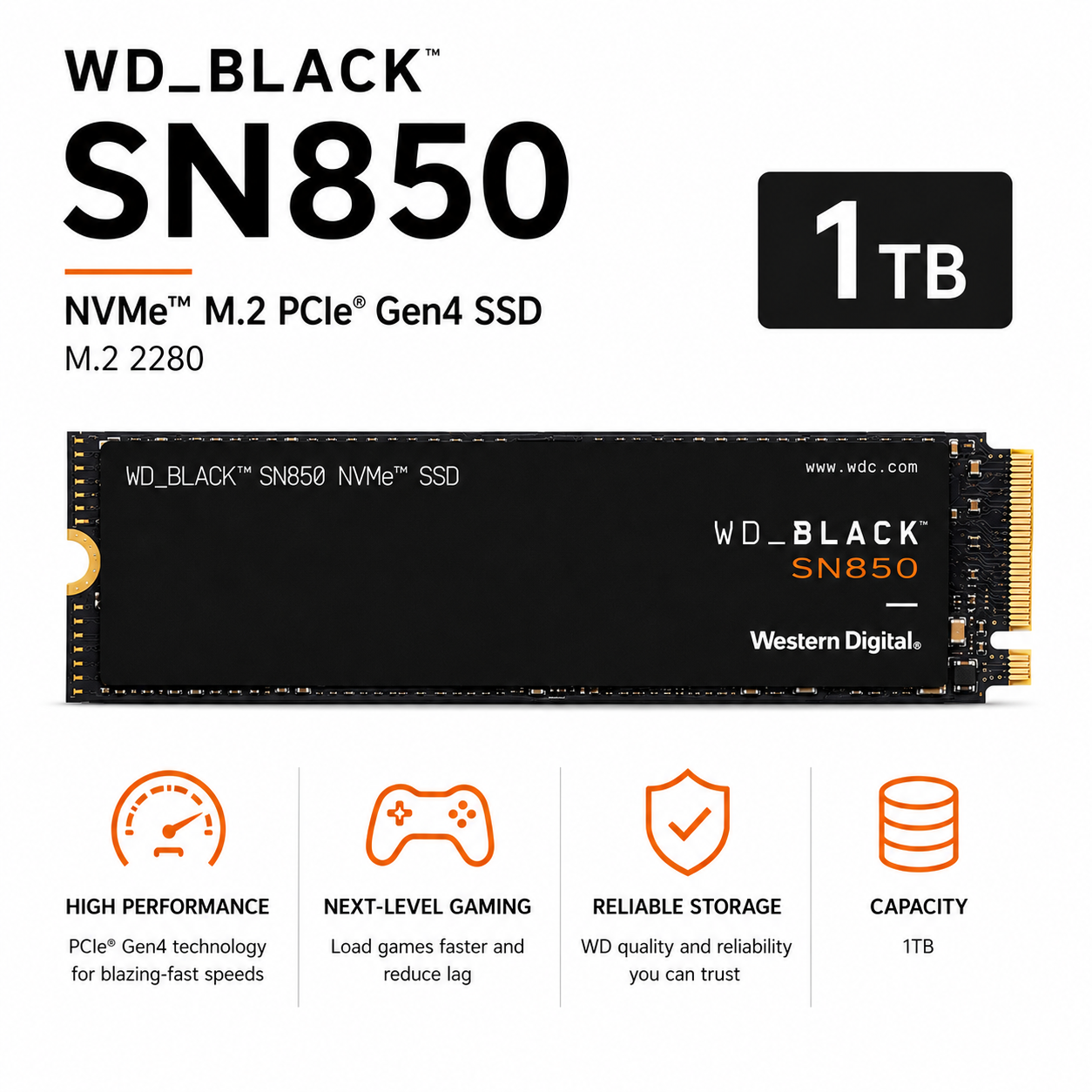 WD BLACK SN850 1TB NVME M.2 PCIe GEN4 SSD (WDS100T1X0E)