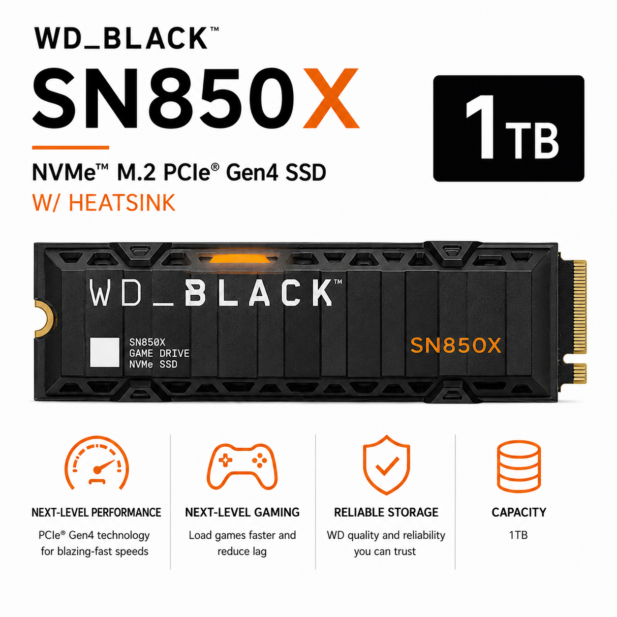 WD BLACK SN850X 1TB NVME M.2 PCIE GEN4 SSD W/ HEATSINK (WDS100T2XHE)