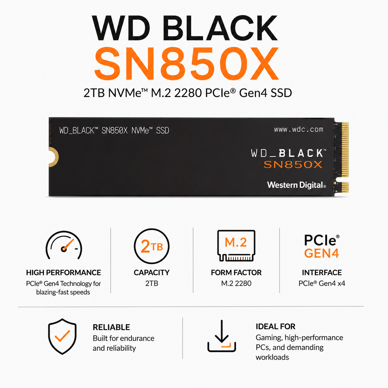 WD BLACK SN850X 2TB NVME M.2 2280 PCIe GEN4 SSD (WDS200T2X0E)