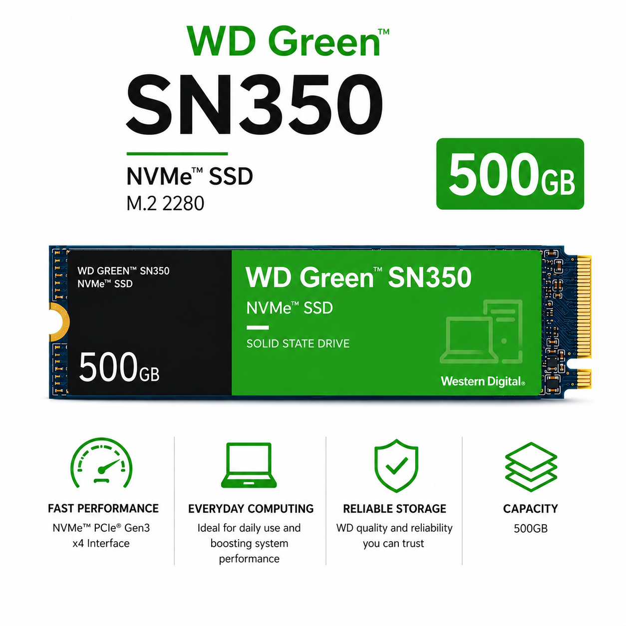 WD GREEN SN350 500GB NVMe M.2 2280 SSD (WDS500G2G0C)