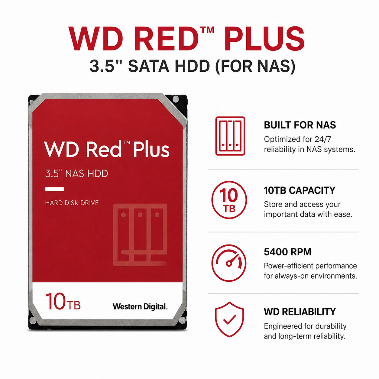 WD RED PLUS 3.5" 10TB SATA HDD (FOR NAS) (WD100EFGX)