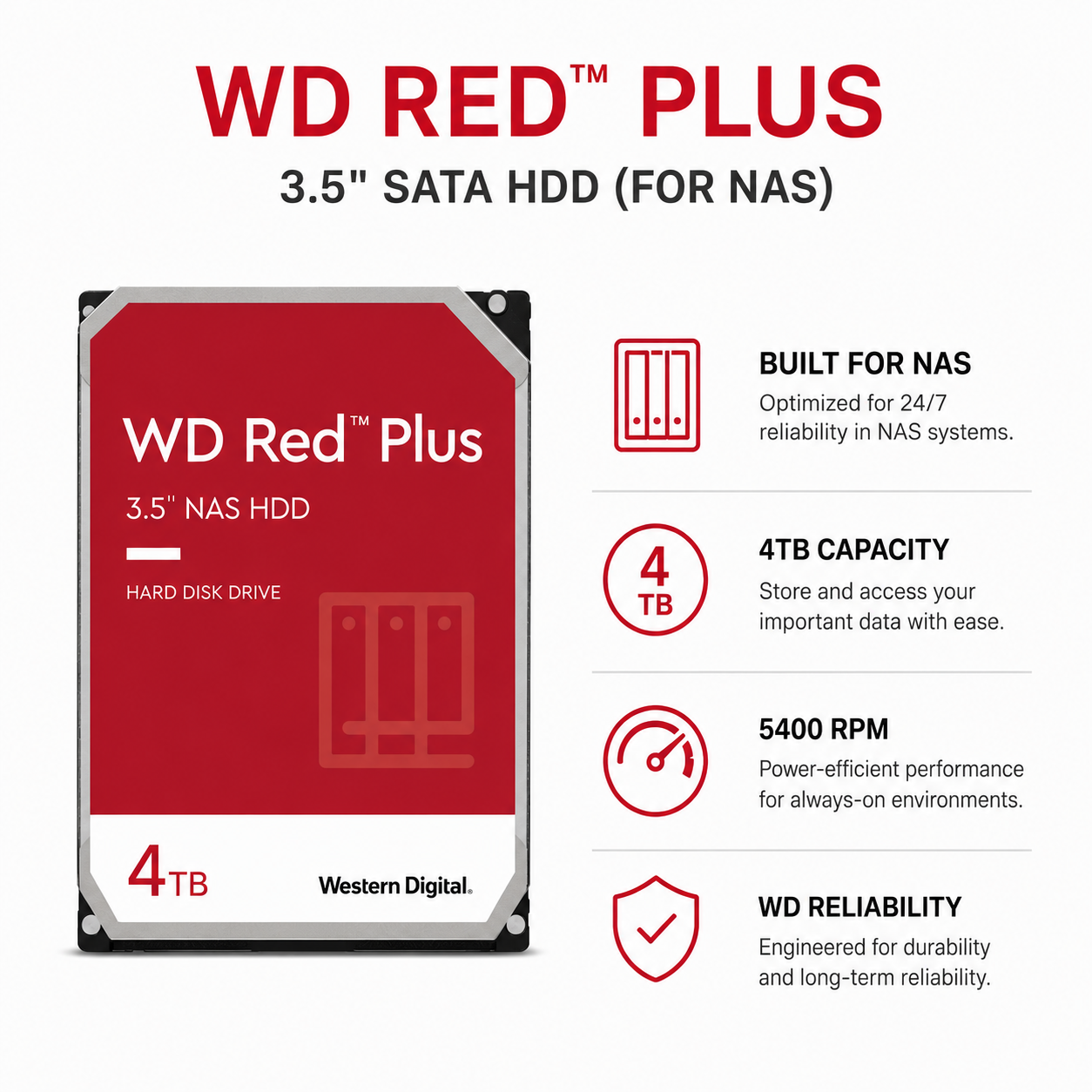 WD RED PLUS 3.5" 4TB SATA HDD (FOR NAS) (WD40EFPX)