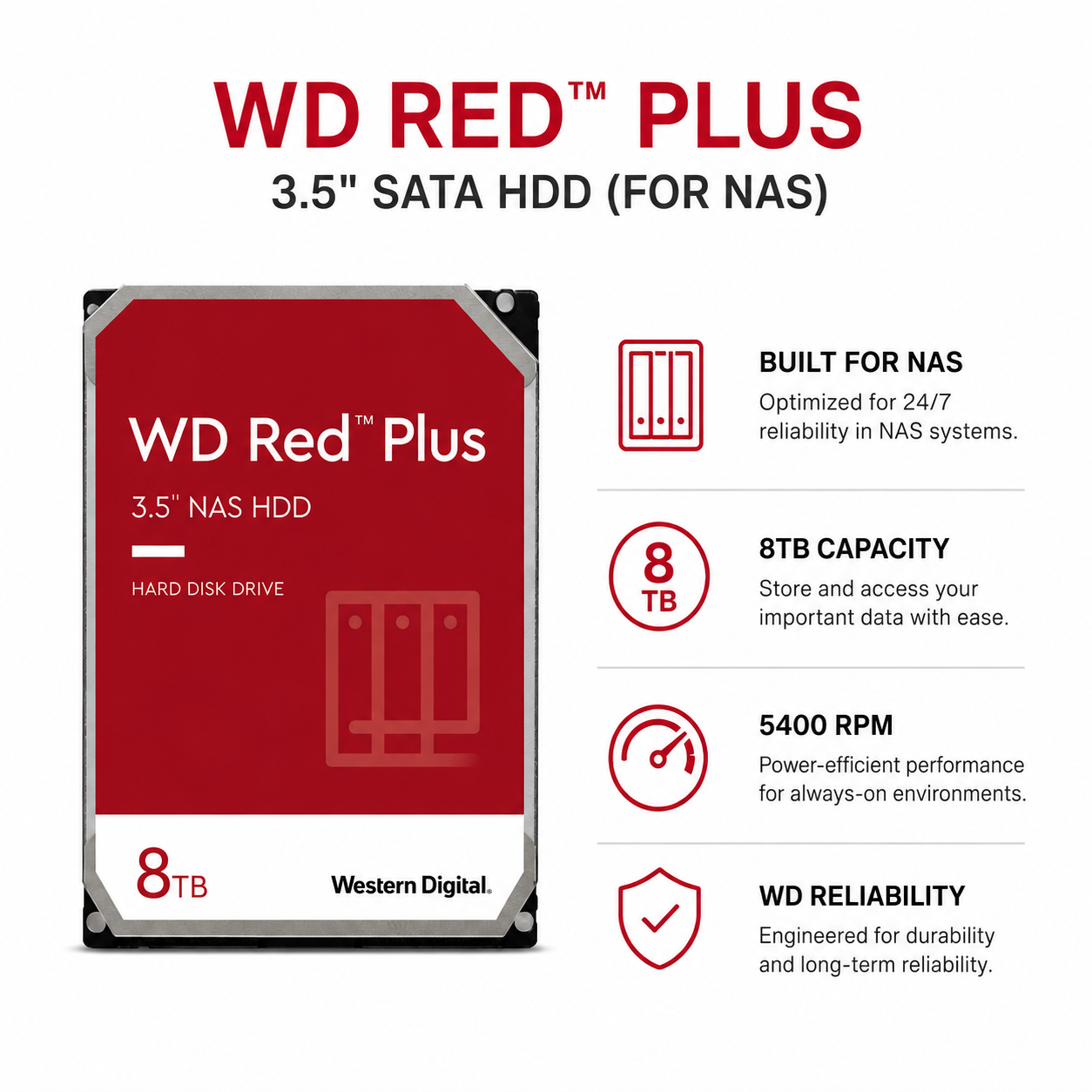WD RED PLUS 3.5" 8TB SATA HDD (FOR NAS) (WD80EFPX)