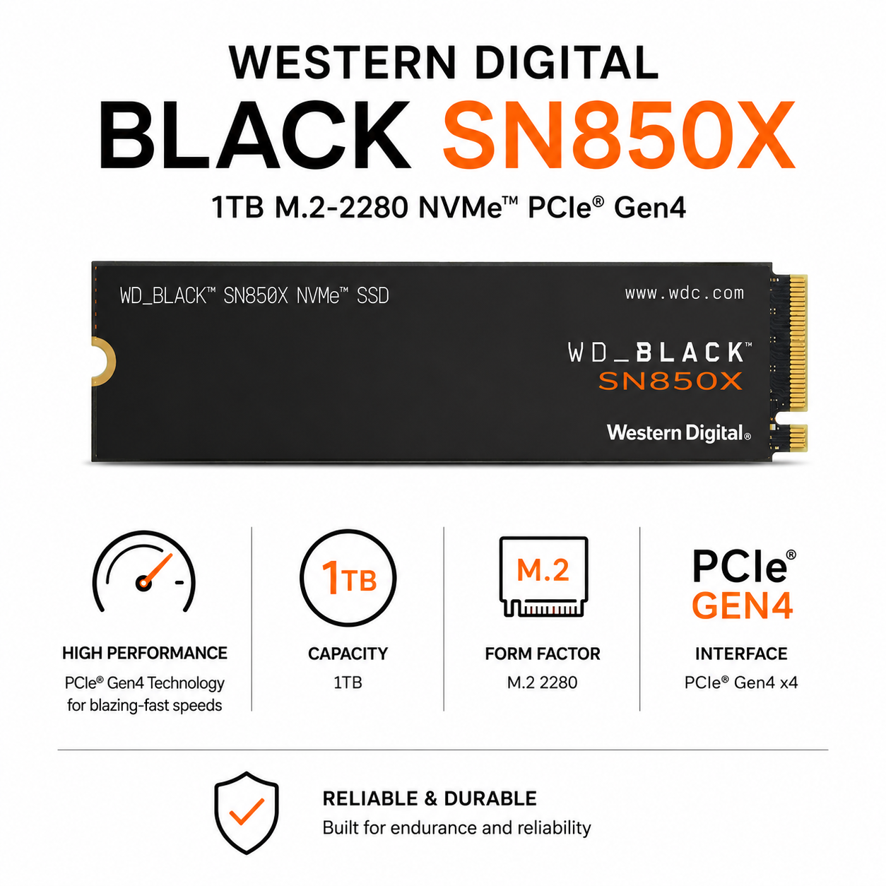 Western Digital Black SN850X 1TB M.2-2280 NVME PCIe Gen4 (WDS100T2XHE)