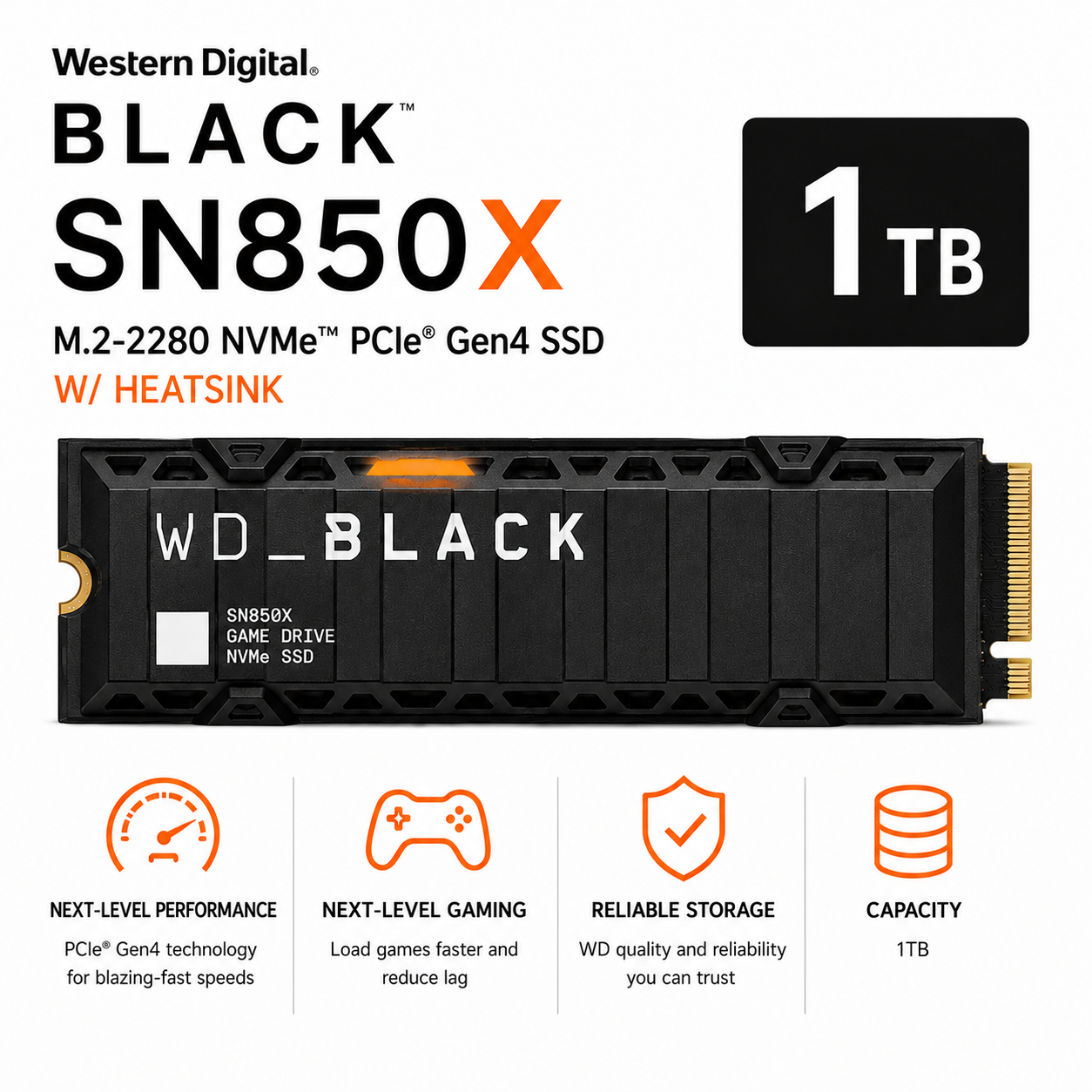 Western Digital Black SN850X 1TB M.2-2280 NVME PCIe Gen4 W/ HEATSINK (WDS100T2X0E)