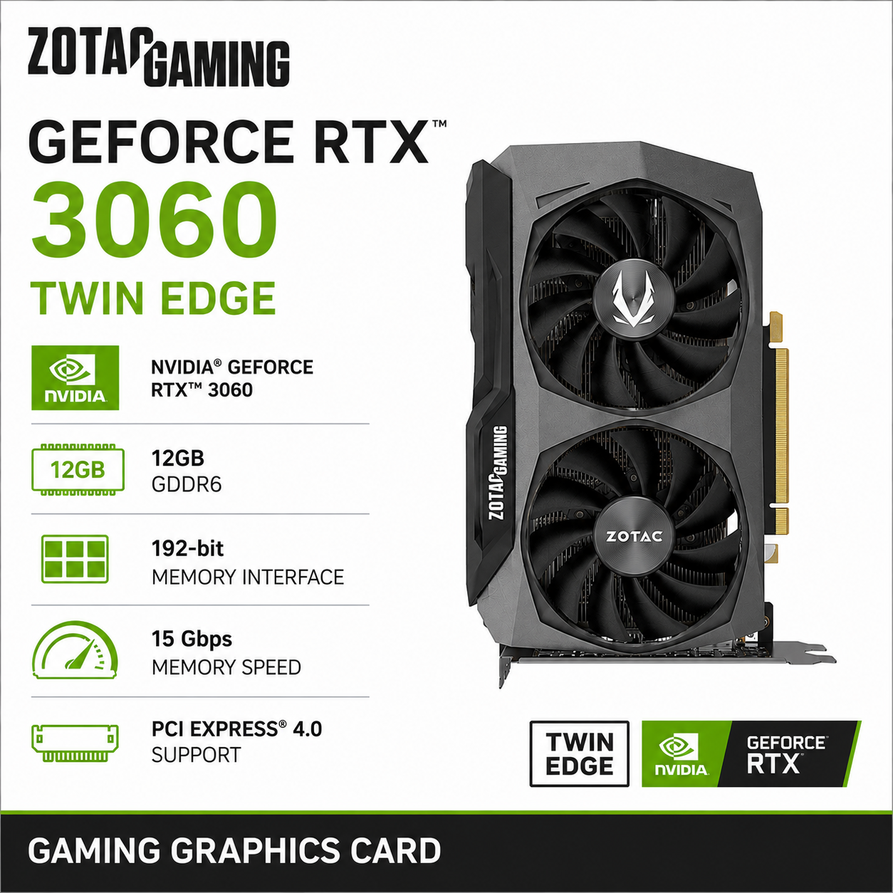 Zotac Gaming GeForce RTX 3060 Twin Edge 12GB GDDR6 192-bit 15 Gbps PCIE 4.0 Gaming Graphics Card (ZT-A30600E-10M)